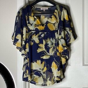 Boho Navy Floral Flutter-Sleeve Blouse with Yellow Flowers Size L